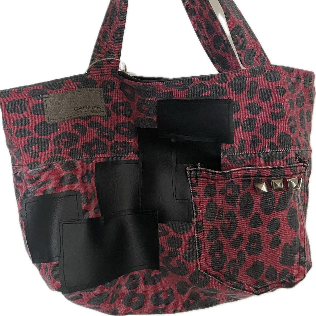 Red and black leopard print tote bag